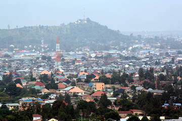city panorama of Gisenyi (foreground), Rwanda, and Goma (background), Democratic Republic of the Congo