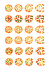 Fototapeta na wymiar Set with different varieties of pizza. Cut slices. Margherita, shrimp, bacon, onion, tomatoes. Top view. Vector illustration. Cartoon stylized