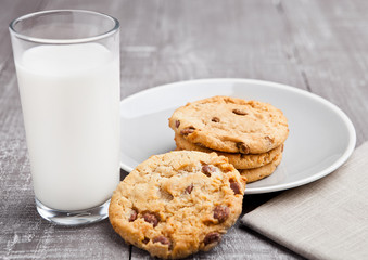 Glass og milk with coockies for breakfast morning