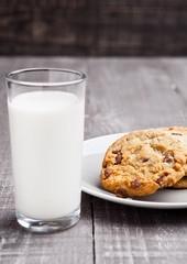 Glass og milk with coockies for breakfast morning