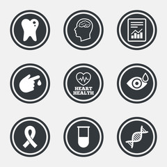 Medicine, medical health and diagnosis icons.