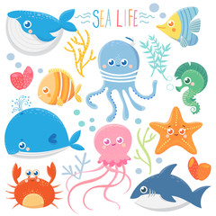 Naklejka premium Sea life. Set with funny sea animals. Vector collection