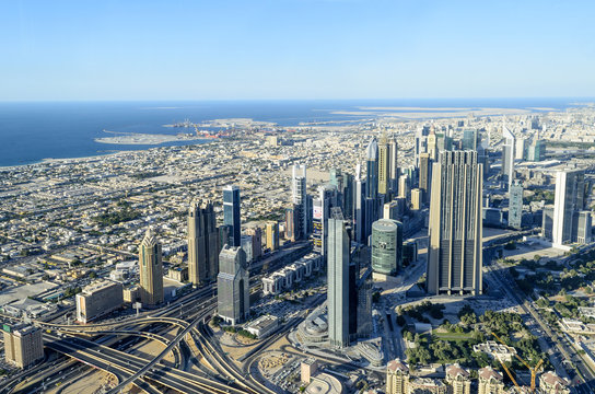 Dubai city, aerial view on futuristic cityscape with modern new buildings. United Arab Emirates.