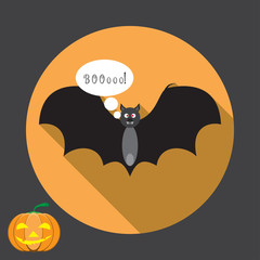 Vector isolated icon of black bat that says BOOoo! with shadow for Halloween.