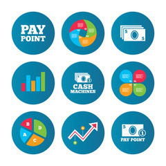 Cash and coin icons. Money machines or ATM.