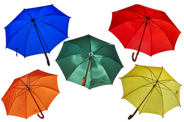 Five umbrellas on white.