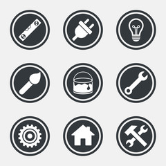 Repair, construction icons. Hammer, wrench tool.