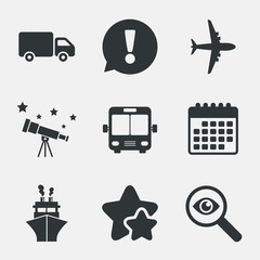 Transport icons. Truck, Airplane, Bus and Ship.