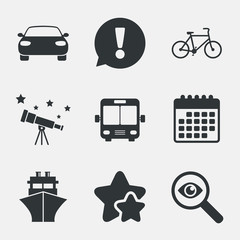 Transport icons. Car, Bicycle, Bus and Ship.