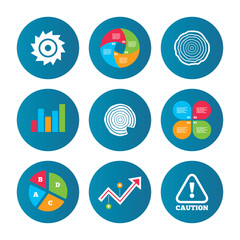 Wood and saw circular wheel icons. Attention.