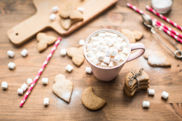Fototapeta na wymiar Hot cocoa with marshmallows air and ginger cookies
