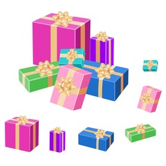 Fototapeta premium Set of colorful wrapped gift boxes with bows and gold ribbons. Vector 3D illustration isolated on white background.