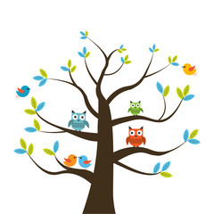 Vector set of colorful owls and birds on the tree on a white background