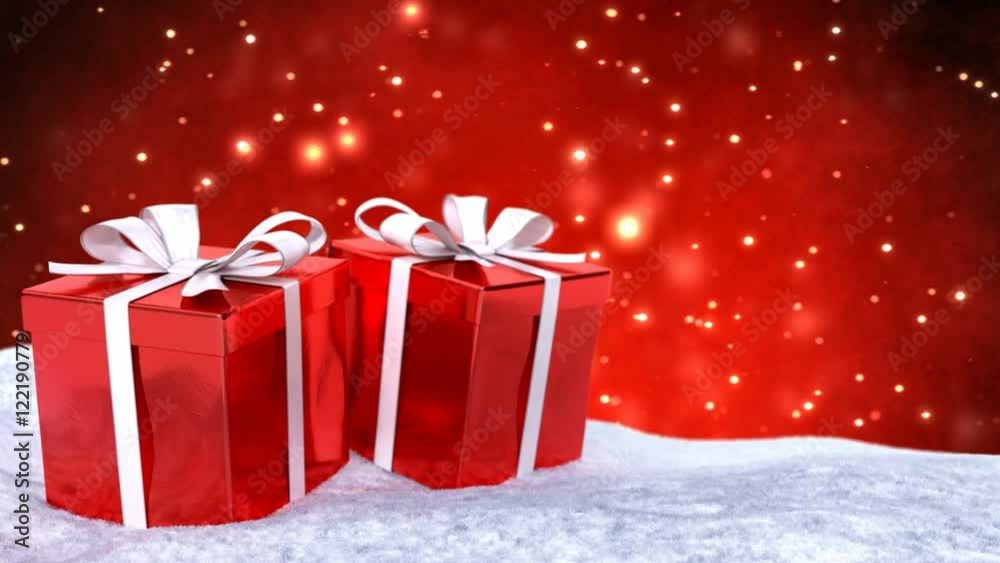 Wall mural christmas gifts in snow on red bokeh background. seamless loop. 3d render.
