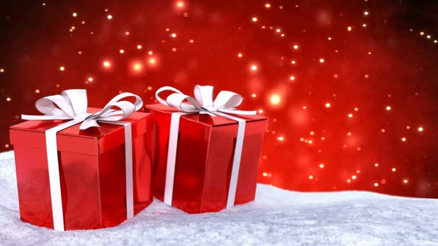 Christmas gifts in snow on red bokeh background. Seamless loop. 3D render.
