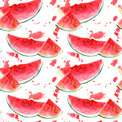 Seamless pattern with watermelon and blotch.Fruit picture.Watercolor hand drawn illustration.