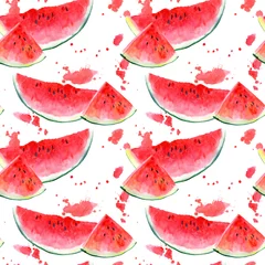 Wall murals Watermelon Seamless pattern with watermelon and blotch.Fruit picture.Watercolor hand drawn illustration.