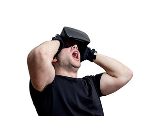 Man screaming using virtual reality glasses isolated on white ba