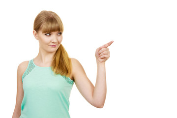 Woman pointing or touching with index finger