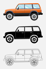 Different kind off-road vehicle on a white background: colored,