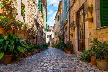 Obraz na płótnie Canvas Colorful plant-lined street in Valldemossa, Mallorca