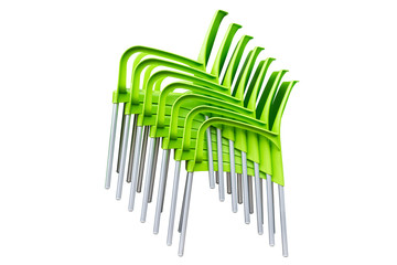 green plastic chairs stacked in piles isolated on white background