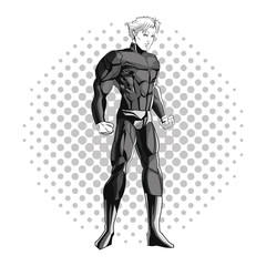 Superhero man cartoon with uniform icon. Comic power costume and hero theme. Black and white design. Pointed background. Vector illustration