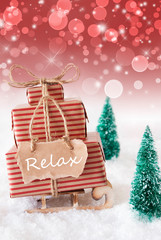 Vertical Christmas Sleigh On Red Background, Text Relax