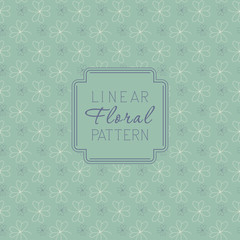 Floral linear pattern and monoline frame. Template with ornamental texture and badge, frame for logo, greeting cards, invitations. Seamless vector background with leaves.