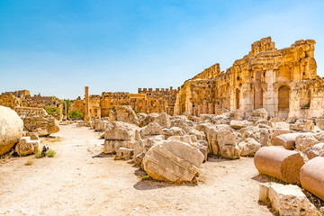 Great Court of Baalbek in Beqaa Valley, Lebanon. Baalbek is located about 85 km northeast of Beirut and about 75 km north of Damascus. It has led to its designation as a UNESCO World Heritage Site.