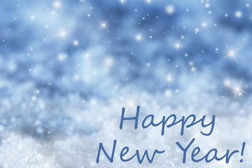 Blue Sparkling Christmas Background, Snow, Text Happy New Year
