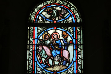 La fuite en Egypte. Basilique du Sacré-Coeur. Paray-le-Monial. / Stained glass window.  Flight into Egypt. Sacred Heart Basilica. Paray-le-Monial.  