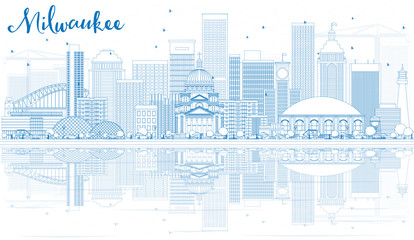 Outline Milwaukee Skyline with Blue Buildings and Reflections.
