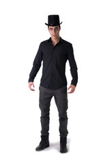 Portrait of a Young Vampire Man with High Hat and Black T-Shirt, Looking at the Camera, Isolated on White Background.