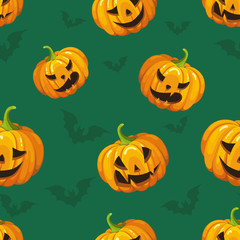 Green seamless background with orange pumpkins and bats. Vector illustration. Picture for Halloween.