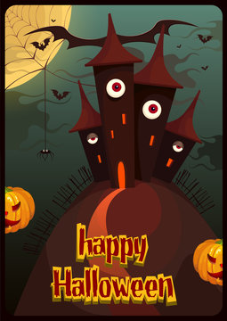 Greeting card Halloween. Night background with the terrible house, a web, a spider and pumpkin. Vector illustration.