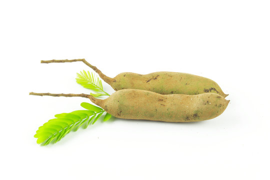 raw tamarind with leaf isolated on white background