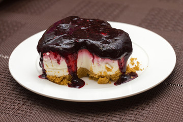 slice cheesecake with  blackberry  jam