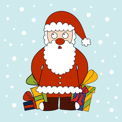 Cartoon Santa Claus with gifts box. Vector illustration for christmas holidays.