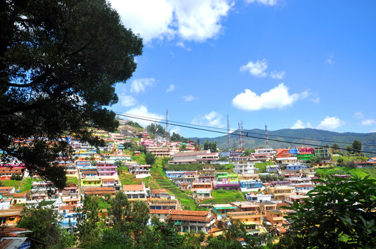 Ooty landscape with mountains and blue skies. Ooty is located in Nilgiris range in Tamil Nadu, India.