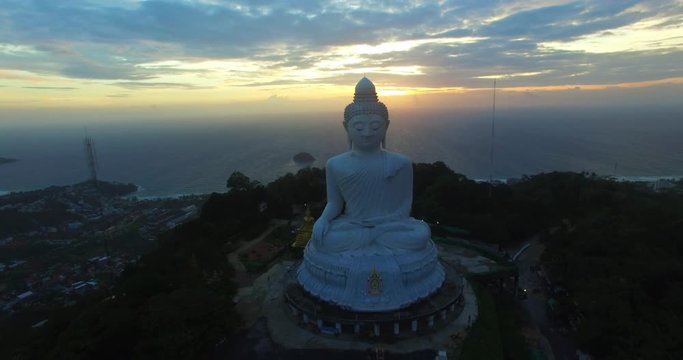 Aerial view the beautify Big Buddha in Phuket island.in rainy season, most important and revered landmarks on the island. The huge image sits on top of the hill it is easily seen from far away