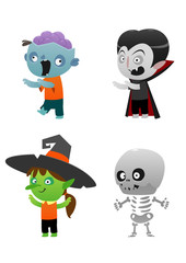 zombie vampire witch and skeleton on a white background