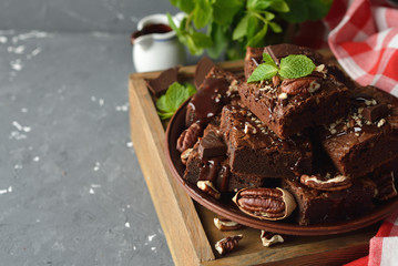 Delicious chocolate brownie with pecan