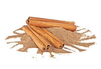 Cinnamon sticks with powder isolated on white background
