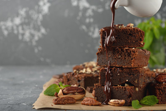 Delicious chocolate brownie with pecan
