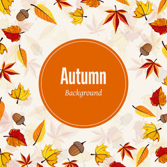 Fototapeta na wymiar Autumn leaves fall on border vector illustration. Background with hand drawn autumn leaves. Design elements.
