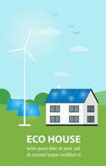 Eco house vector illustration. House with blue solar panels on the roof. Wind generator turbine near house. The production of energy from the sun and wind. Modern alternative energy generation