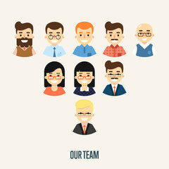 Group of smiling male and female faces avatars on white background. Our team banner, vector illustration. Teamwork and business team concept. Concept of the coworking center. Corporate hierarchy.