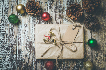 Christmas gift boxes  on wooden table. Top view.