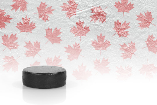 Hockey puck and maple leaves